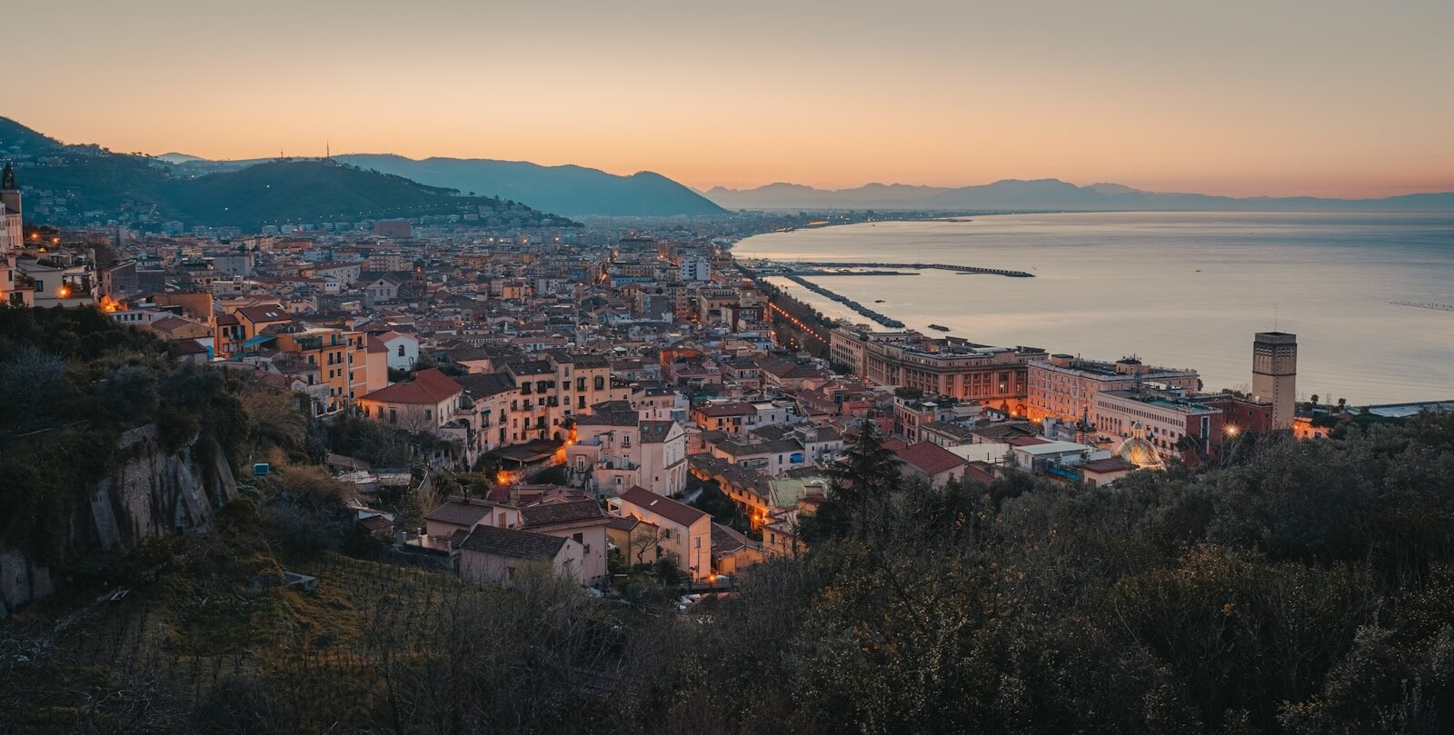 a view of a city with mountains in the background