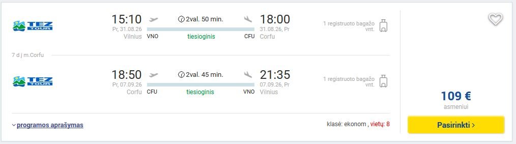 Skrydžio kaina Vilnius - Korfu