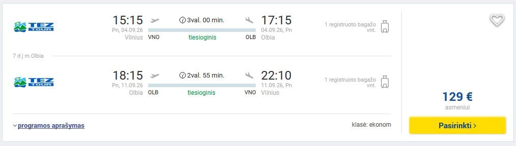 Skrydžio kaina Vilnius - Sardinija