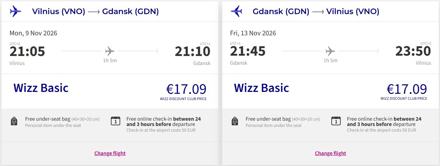 Skrydžio kaina Vilnius - Gdanską