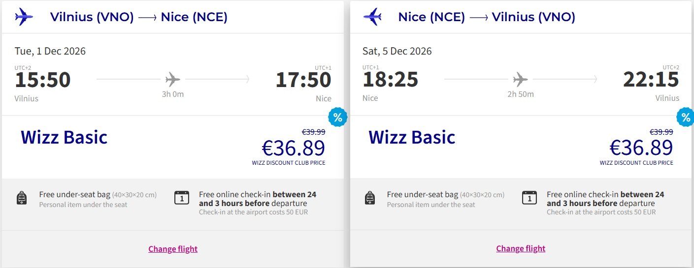 Skrydžio kaina Vilnius - Nicą