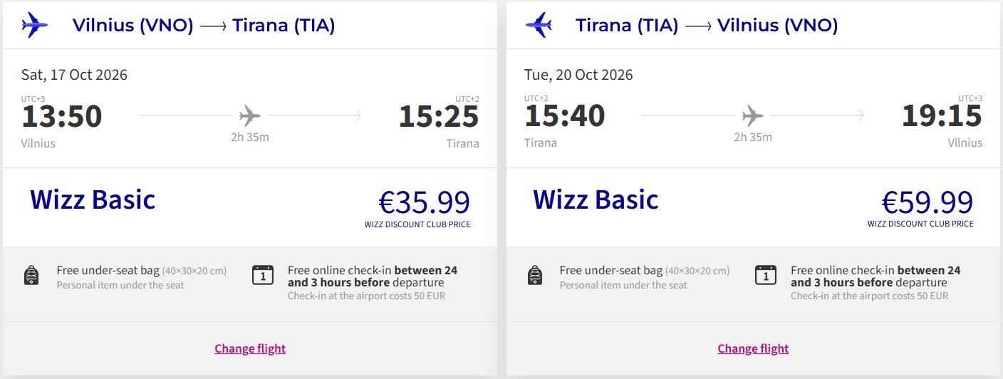 Skrydžio kaina Vilnius - Tiraną