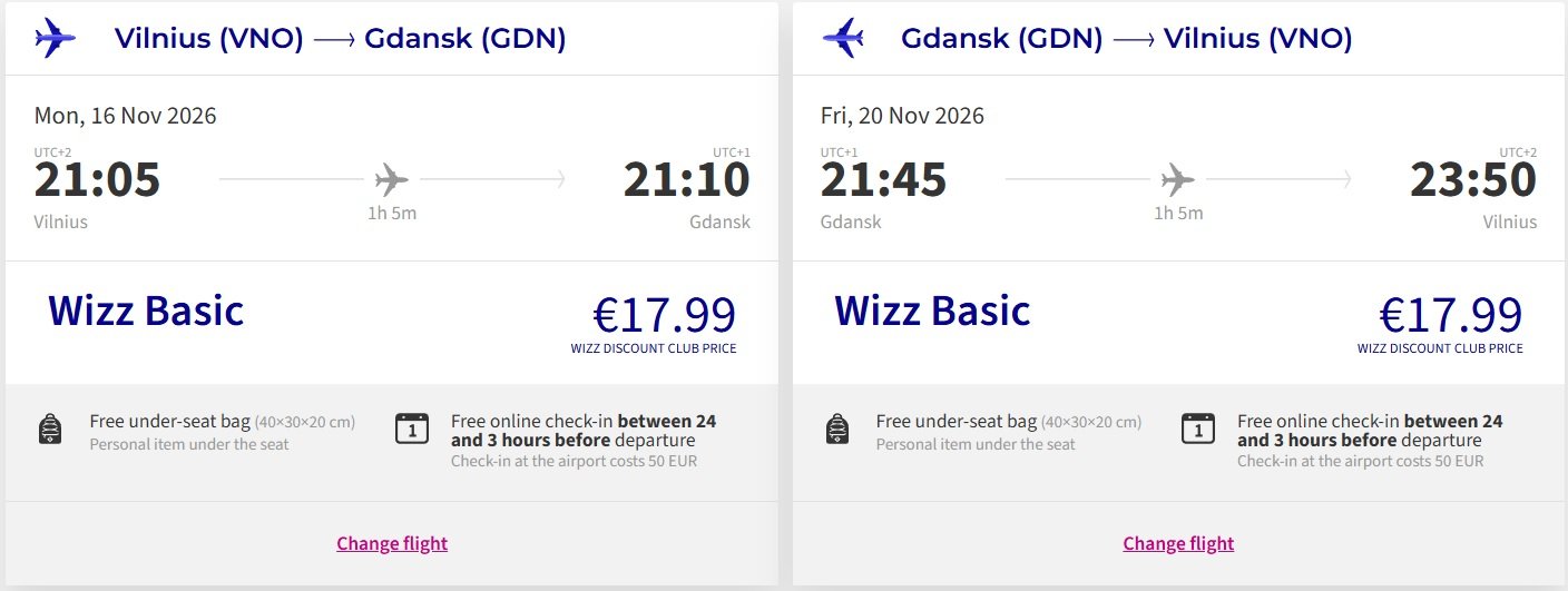 Skrydžio kaina Vilnius - Gdanską
