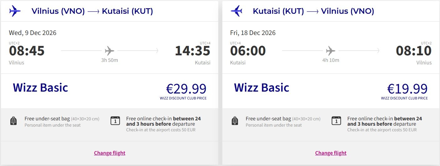 Skrydžio kaina Vilnius - Kutaisį