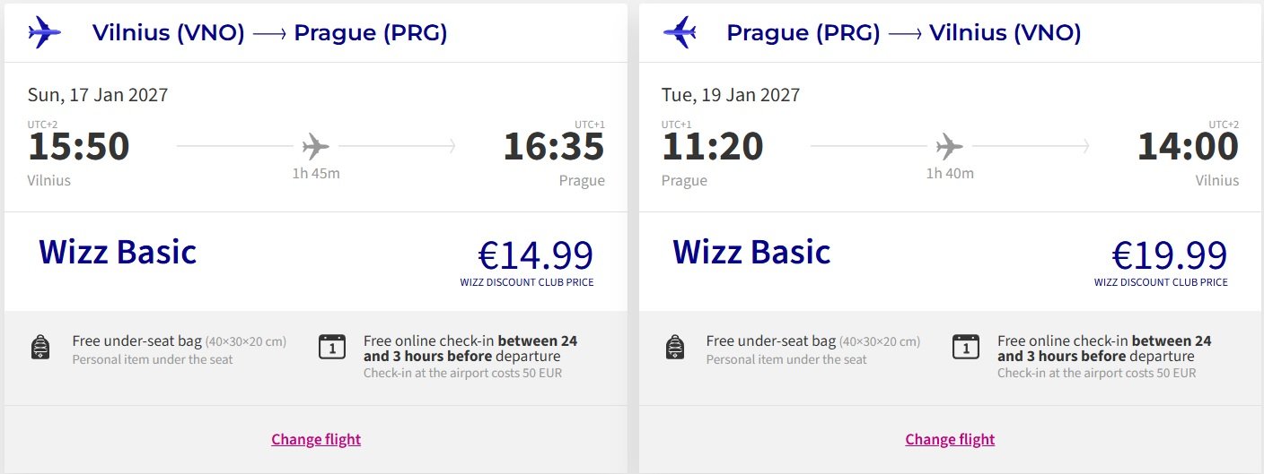 Skrydžio kaina Vilnius - Prahą