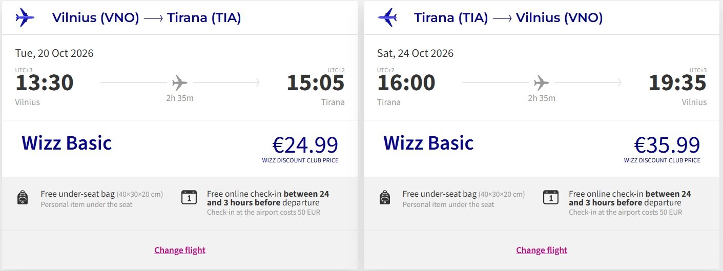 Skrydžio kaina Vilnius - Tiraną